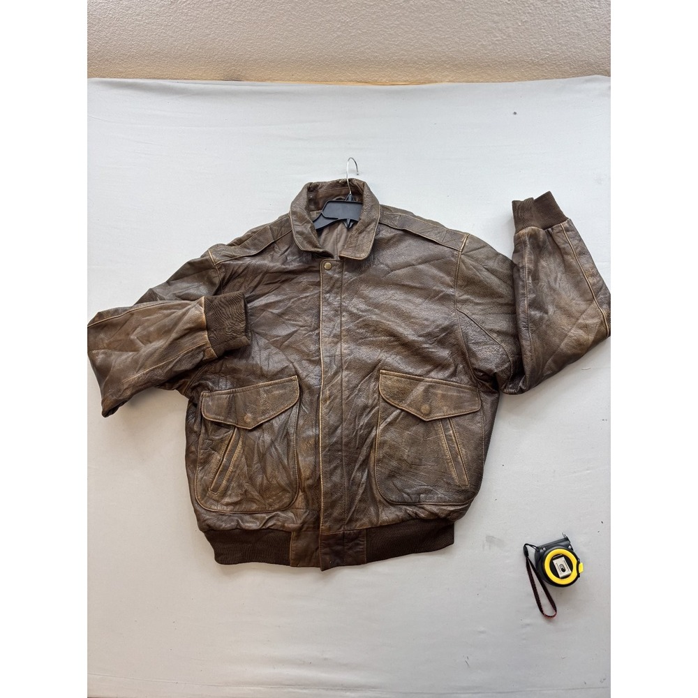 Vintage Mens Distressed Brown Leather Bomber Jacket Aviator Coat L XL